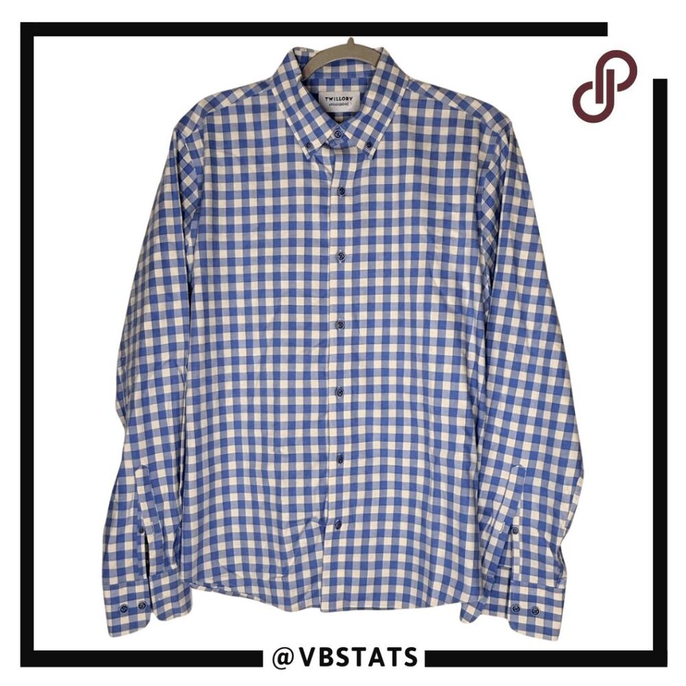 Twillory Mens Untuckable Plaid Tailored Fit Button‎ Up Shirt Blue Cream Large